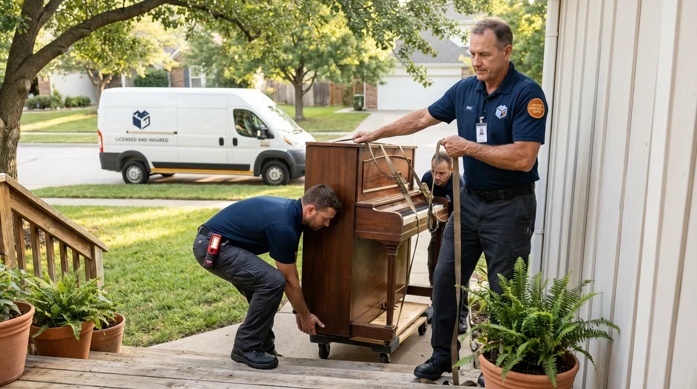 Licensed piano movers securing grand piano in Buffalo, OK